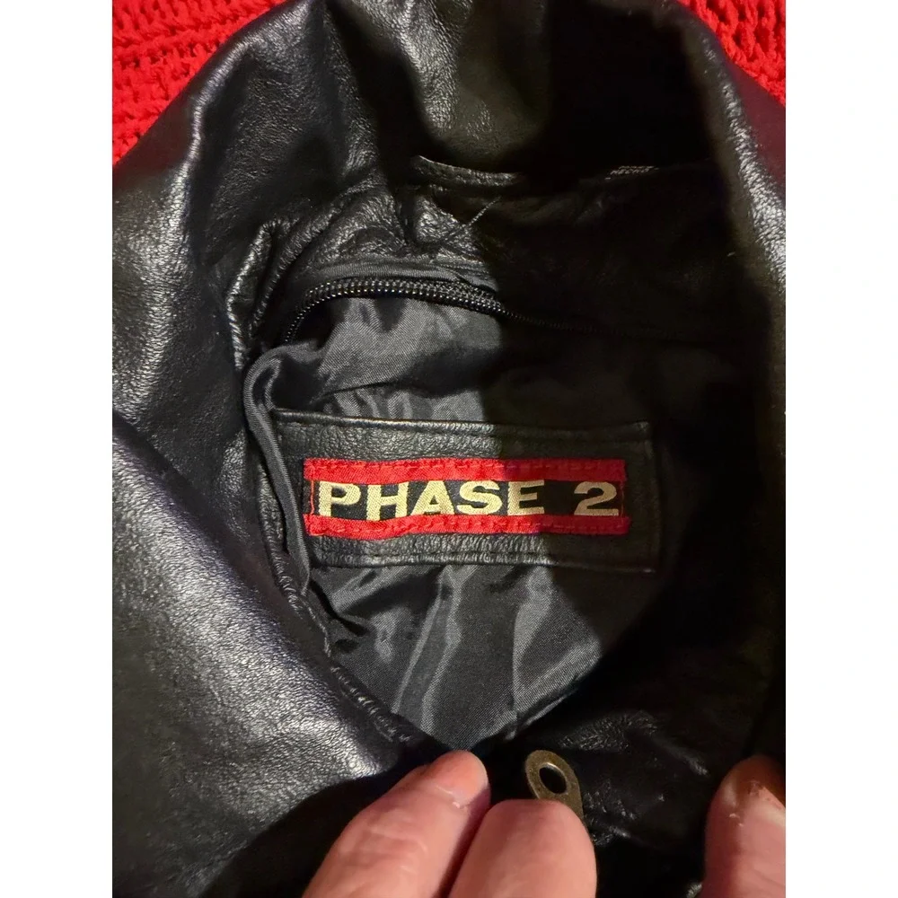Phase 2 Kids Black Genuine Leather Bomber Jacket Vintage 1980's